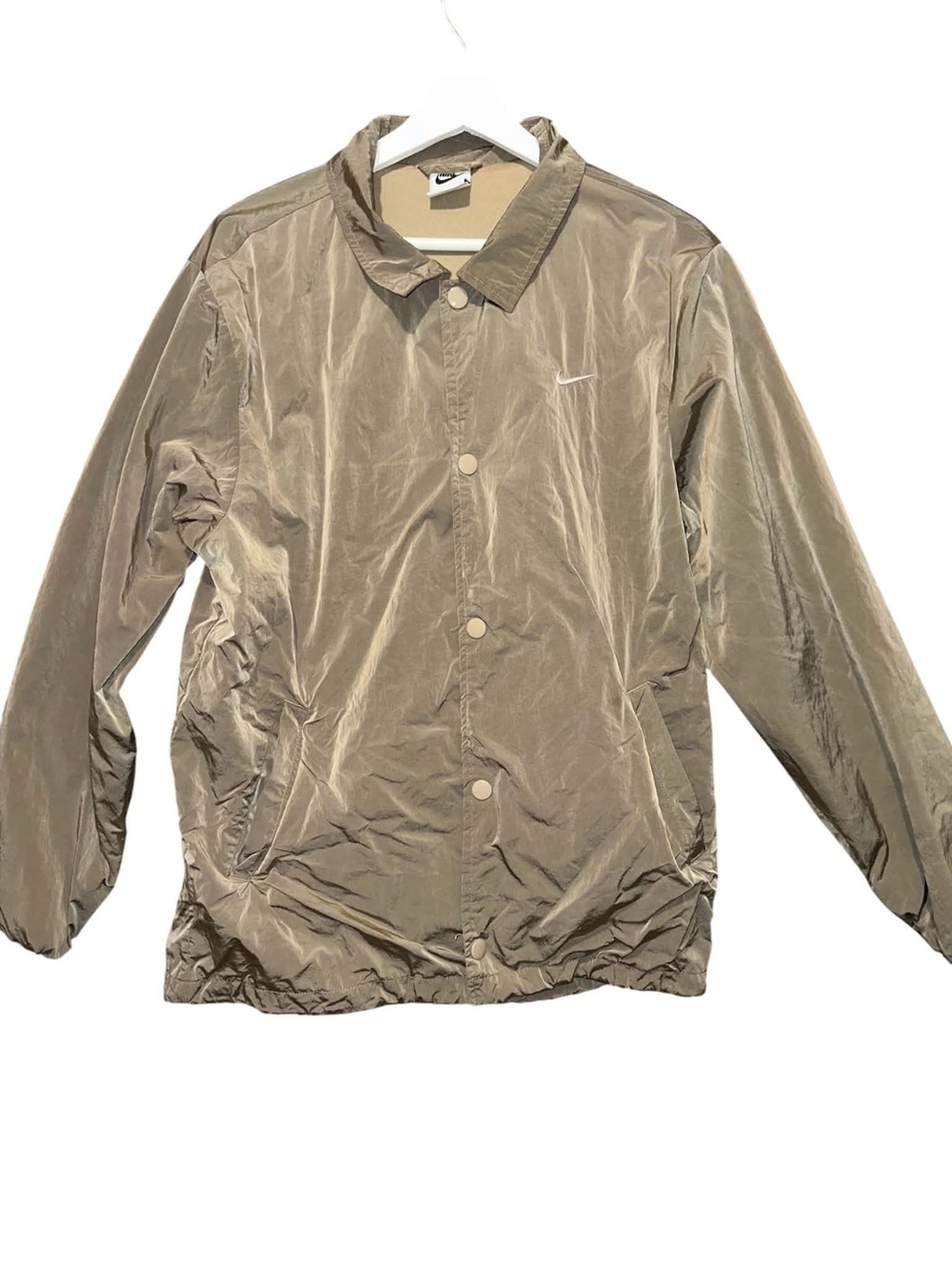 Nike Men's Light Brown Coach Jacket with Subtle Swoosh